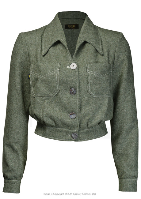 40s Americana Button Jacket - Olive Herringbone