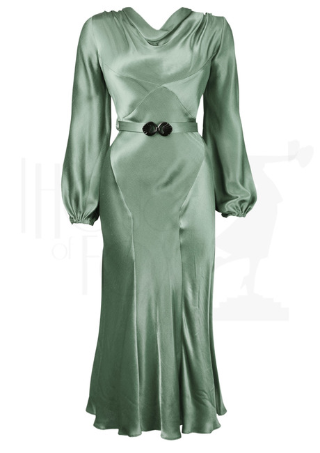 30s Joanie Bias Cut Dress - Sage Green Satin