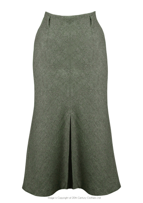 30s Front Pleat Skirt - Olive Herringbone