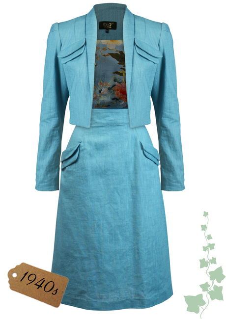 40s Crop Jacket Skirt Suit - Light teal linen